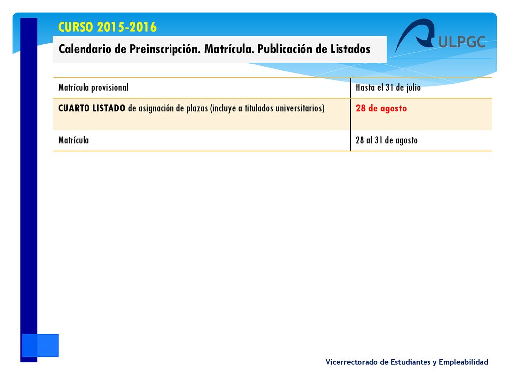 Calendario de Preinscripción. Matrícula. Publicación de Listados