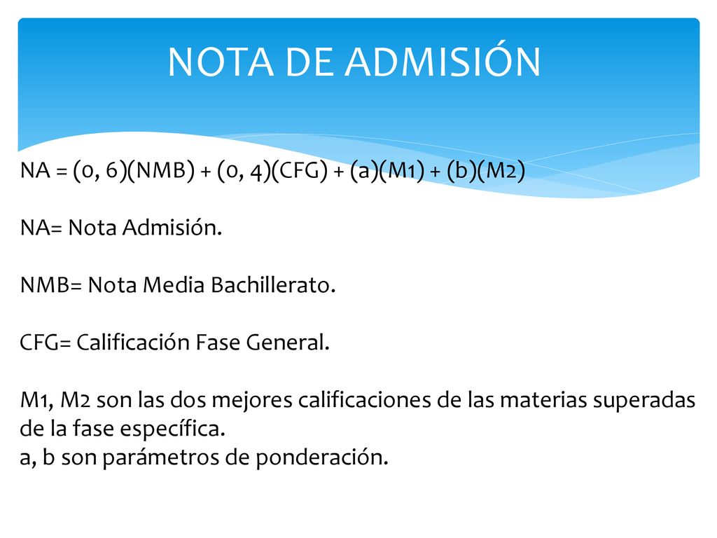 NOTA DE ADMISIÓN NA = (0, 6)(NMB) + (0, 4)(CFG) + (a)(M1) + (b)(M2)