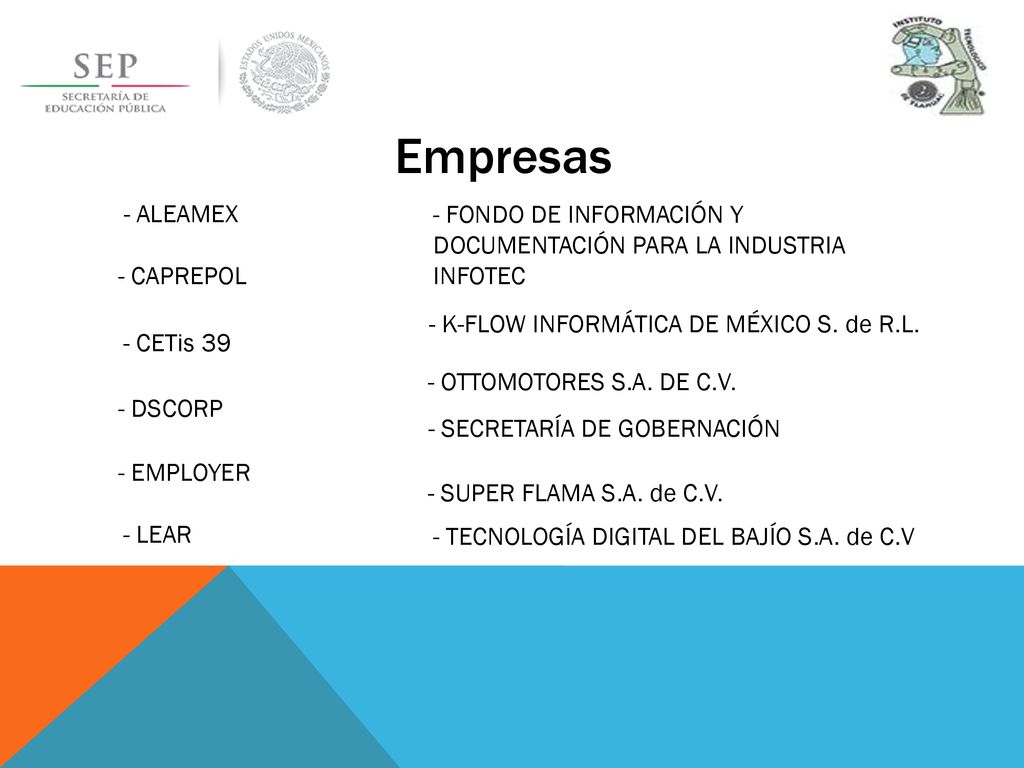 Empresas - ALEAMEX. - FONDO DE INFORMACIÓN Y DOCUMENTACIÓN PARA LA INDUSTRIA INFOTEC. - CAPREPOL.