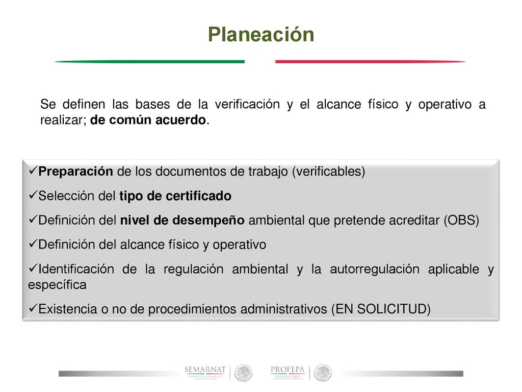 Planeación Se definen las bases de la verificación y el alcance físico y operativo a realizar; de común acuerdo.