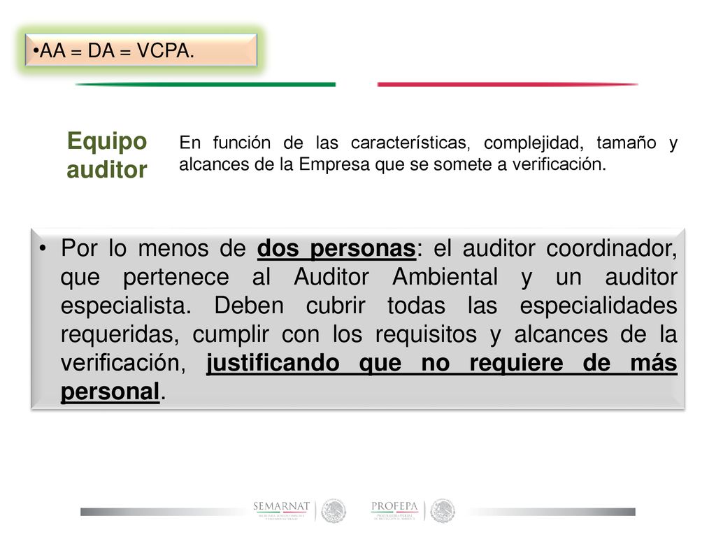 AA = DA = VCPA. Equipo auditor. En función de las características, complejidad, tamaño y alcances de la Empresa que se somete a verificación.