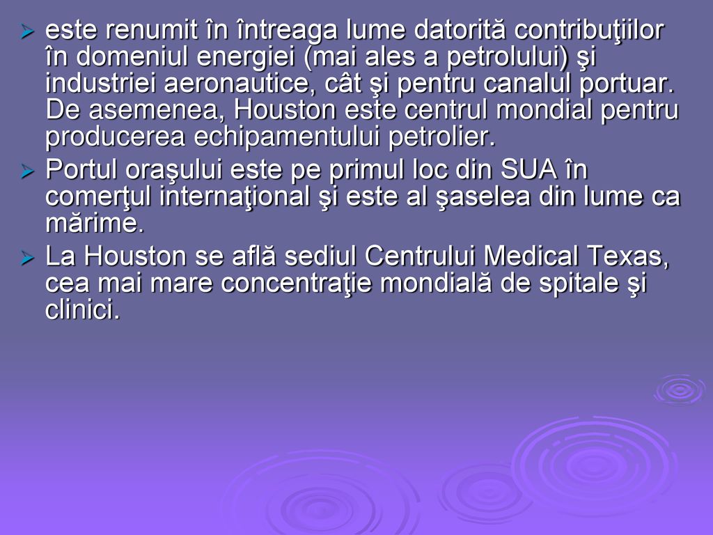 este renumit în întreaga lume datorită contribuţiilor în domeniul energiei (mai ales a petrolului) şi industriei aeronautice, cât şi pentru canalul portuar. De asemenea, Houston este centrul mondial pentru producerea echipamentului petrolier.