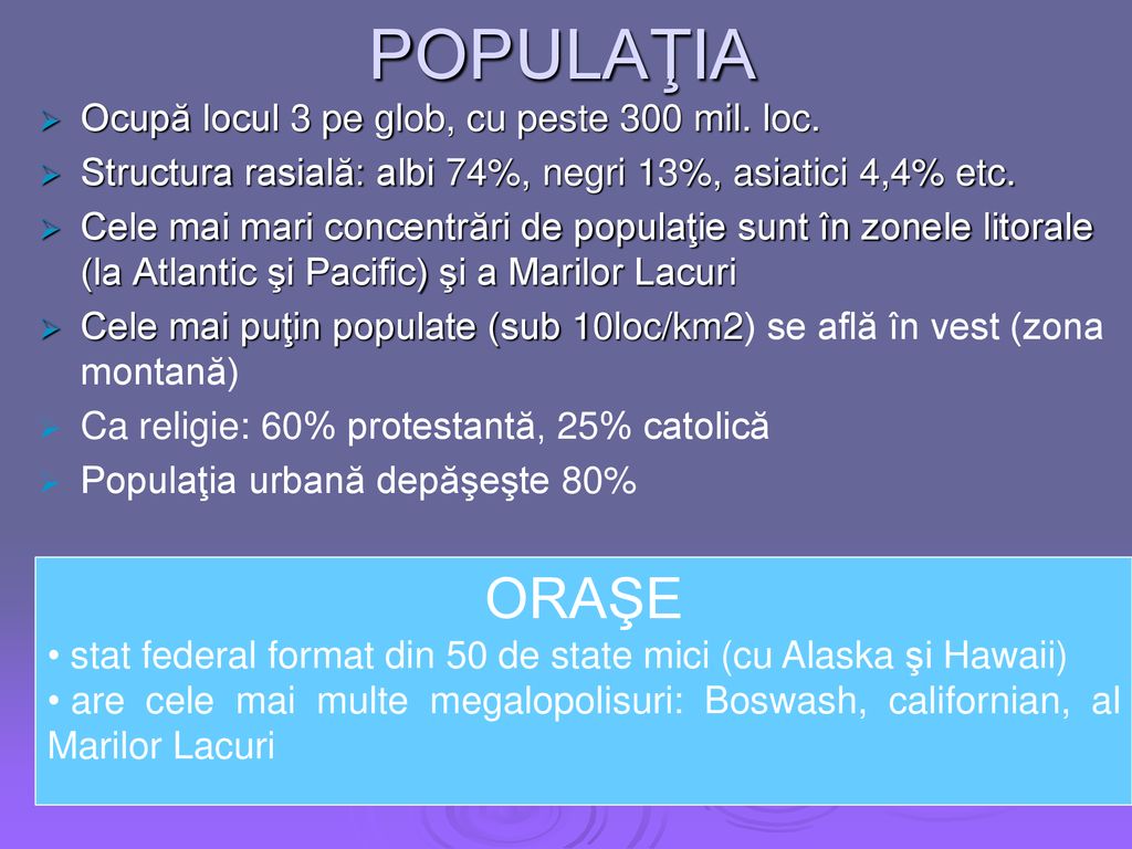 POPULAŢIA ORAŞE Ocupă locul 3 pe glob, cu peste 300 mil. loc.