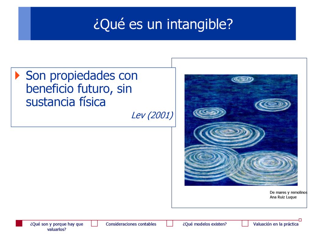 ¿Qué es un intangible Son propiedades con beneficio futuro, sin sustancia física. Lev (2001) De mares y remolinos.