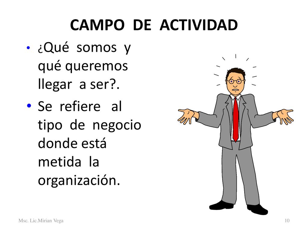 CAMPO DE ACTIVIDAD ¿Qué somos y qué queremos llegar a ser . Se refiere al tipo de negocio donde está metida la organización.