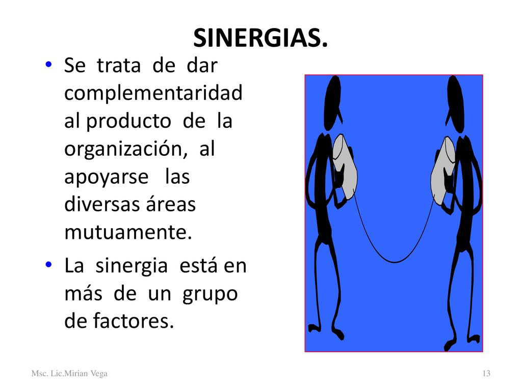 SINERGIAS. Se trata de dar complementaridad al producto de la organización, al apoyarse las diversas áreas mutuamente.