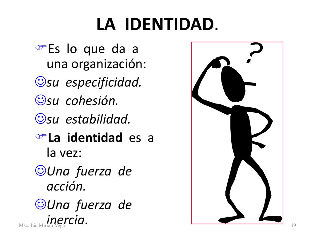 LA IDENTIDAD. Es lo que da a una organización: su especificidad.
