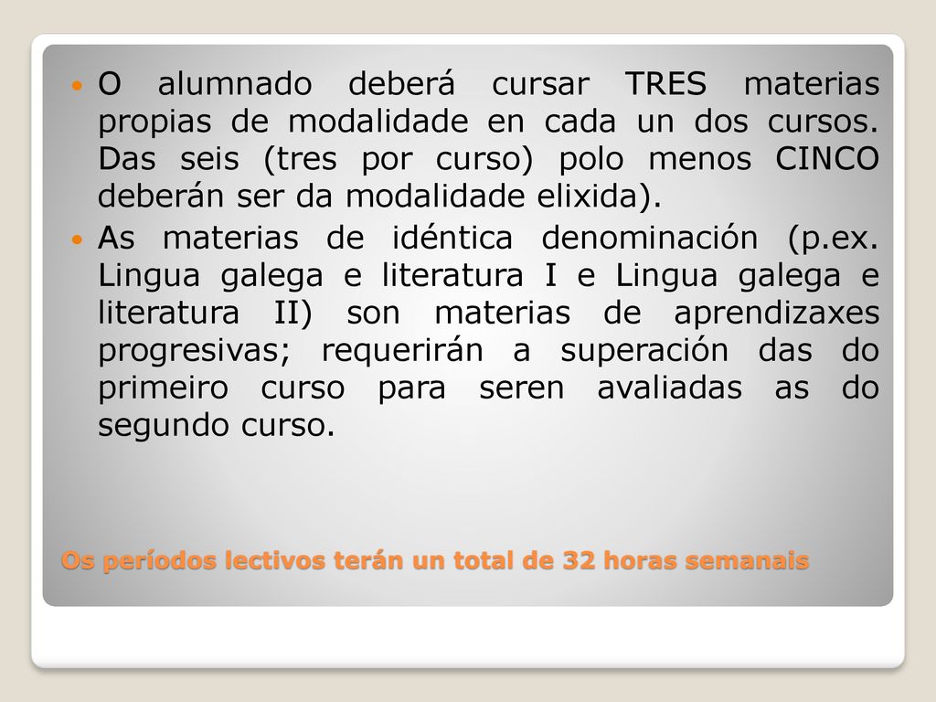 Os períodos lectivos terán un total de 32 horas semanais