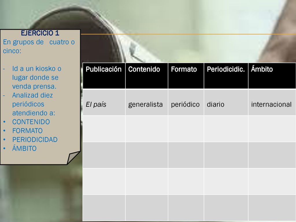 EJERCICIO 1 En grupos de cuatro o cinco: Id a un kiosko o lugar donde se venda prensa. Analizad diez periódicos atendiendo a: