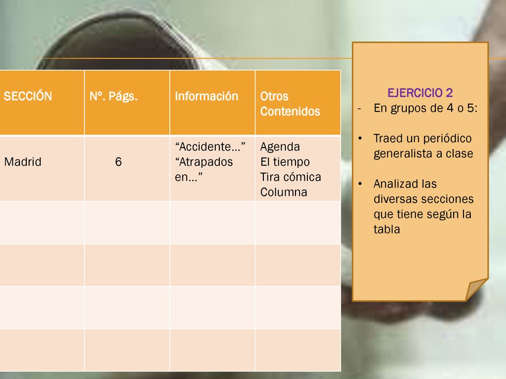 EJERCICIO 2 En grupos de 4 o 5: Traed un periódico generalista a clase. Analizad las diversas secciones que tiene según la tabla.