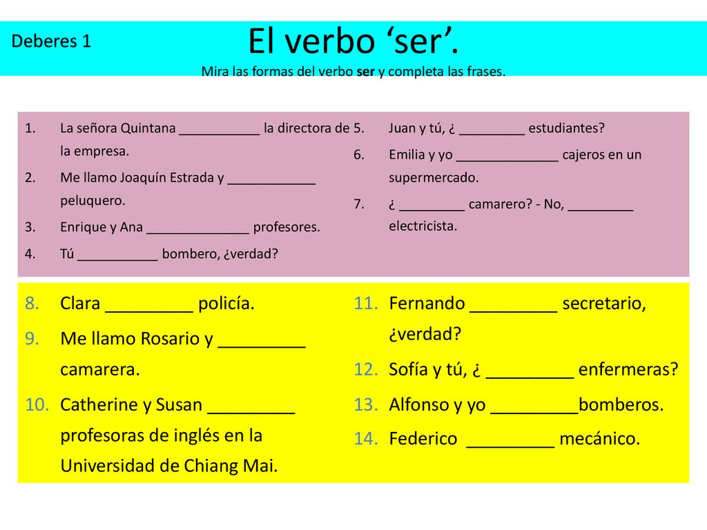 El verbo ‘ser’. Mira las formas del verbo ser y completa las frases.