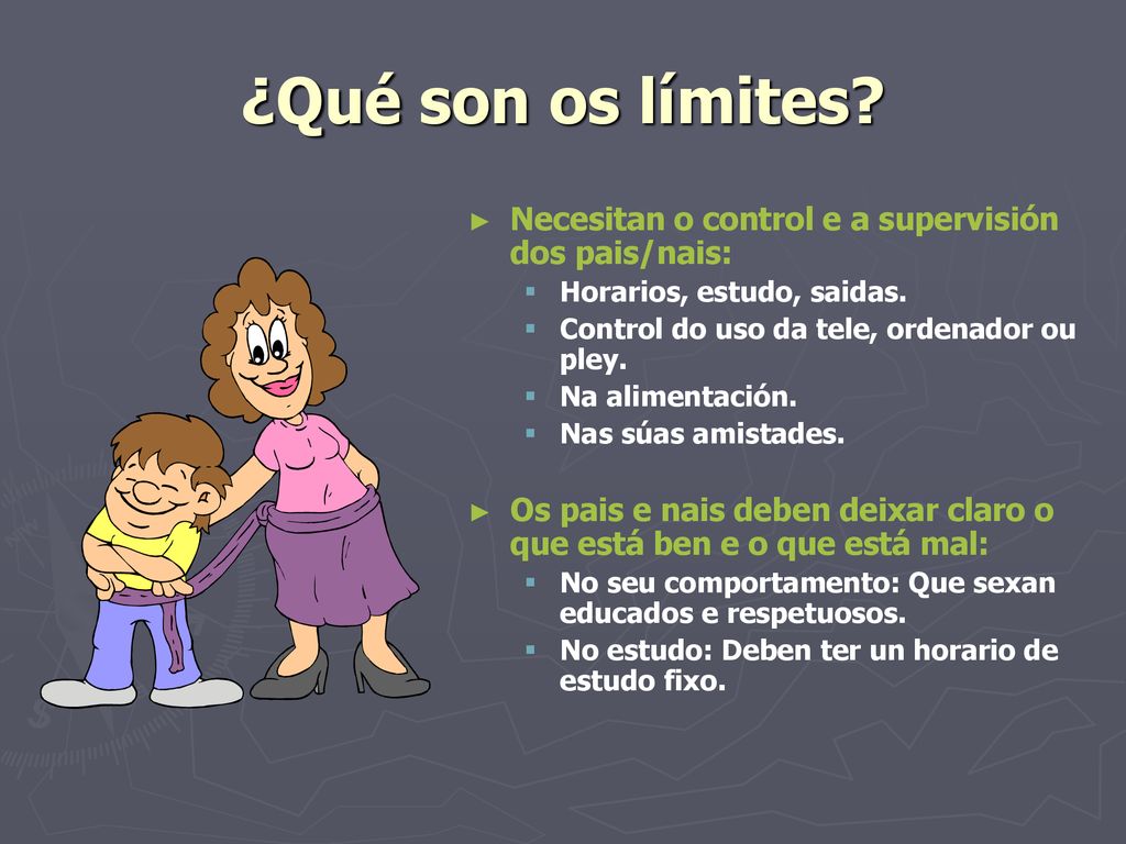 ¿Qué son os límites Necesitan o control e a supervisión dos pais/nais: Horarios, estudo, saidas. Control do uso da tele, ordenador ou pley.