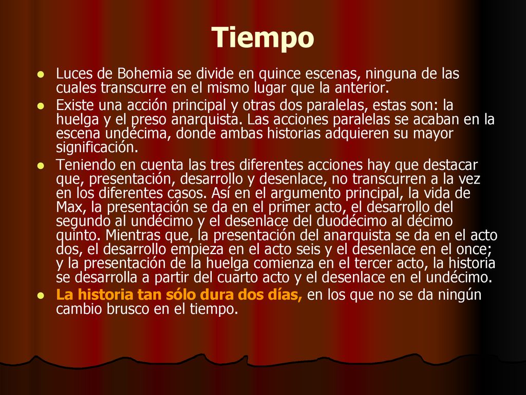 Tiempo Luces de Bohemia se divide en quince escenas, ninguna de las cuales transcurre en el mismo lugar que la anterior.