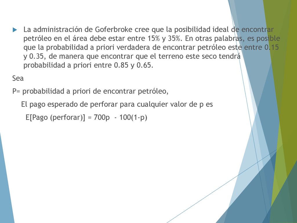 La administración de Goferbroke cree que la posibilidad ideal de encontrar petróleo en el área debe estar entre 15% y 35%. En otras palabras, es posible que la probabilidad a priori verdadera de encontrar petróleo este entre 0.15 y 0.35, de manera que encontrar que el terreno este seco tendrá probabilidad a priori entre 0.85 y 0.65.