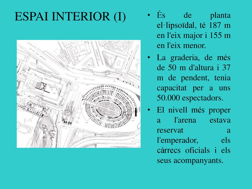 ESPAI INTERIOR (I) És de planta el·lipsoïdal, té 187 m en l eix major i 155 m en l eix menor.