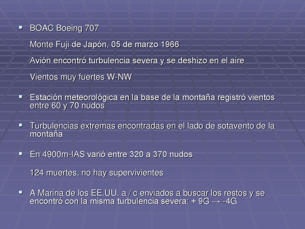 BOAC Boeing 707 Monte Fuji de Japón, 05 de marzo 1966 Avión encontró turbulencia severa y se deshizo en el aire Vientos muy fuertes W-NW