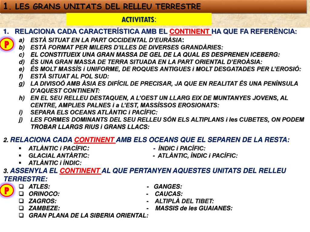 P P 1. LES GRANS UNITATS DEL RELLEU TERRESTRE ACTIVITATS: