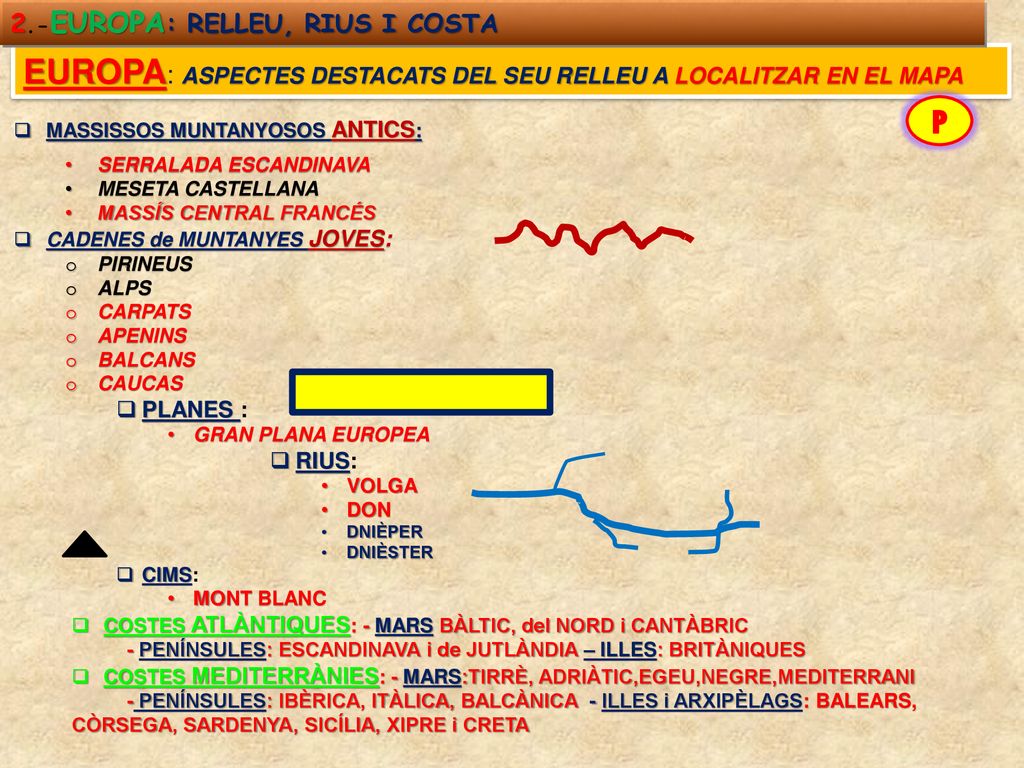 EUROPA: ASPECTES DESTACATS DEL SEU RELLEU A LOCALITZAR EN EL MAPA P