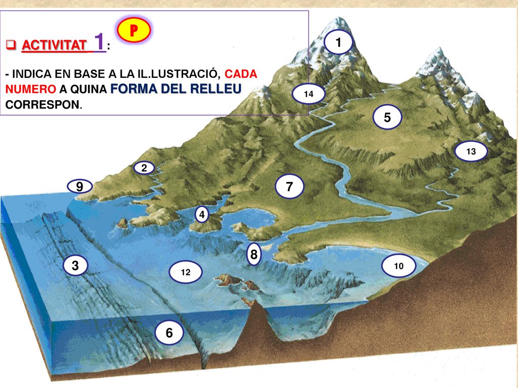 ACTIVITAT 1: - INDICA EN BASE A LA IL.LUSTRACIÓ, CADA NUMERO A QUINA FORMA DEL RELLEU CORRESPON. P.