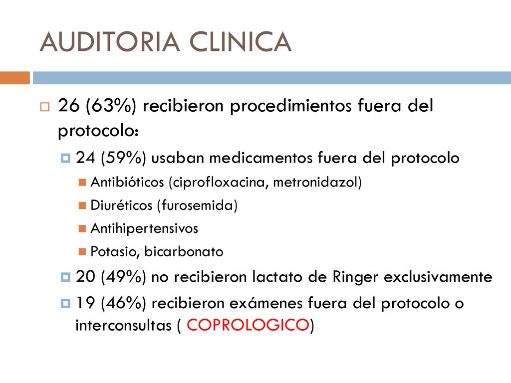 AUDITORIA CLINICA 26 (63%) recibieron procedimientos fuera del protocolo: 24 (59%) usaban medicamentos fuera del protocolo.