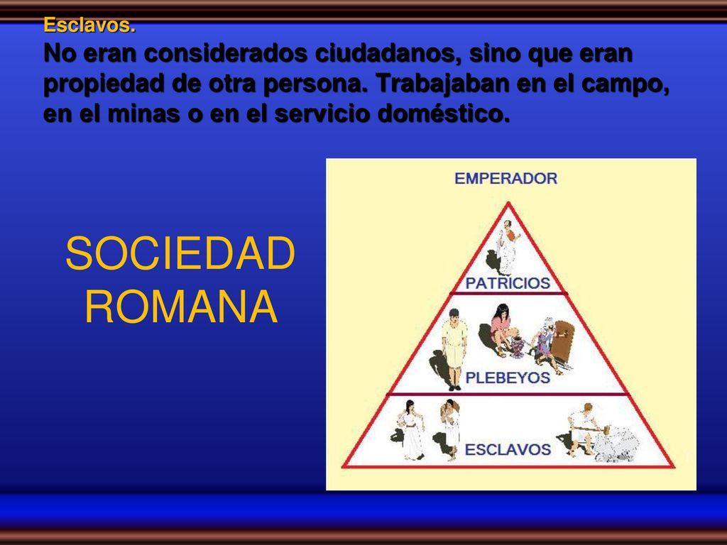 Esclavos. No eran considerados ciudadanos, sino que eran propiedad de otra persona. Trabajaban en el campo, en el minas o en el servicio doméstico.
