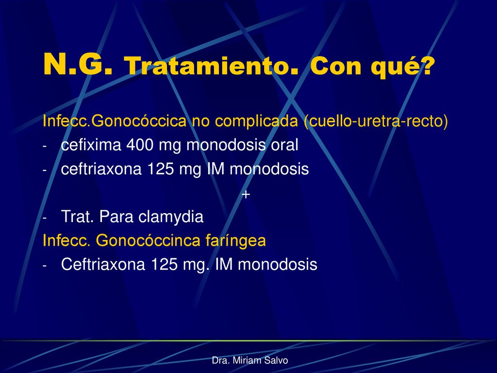 N.G. Tratamiento. Con qué Infecc.Gonocóccica no complicada (cuello-uretra-recto) cefixima 400 mg monodosis oral.