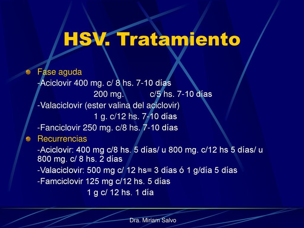 HSV. Tratamiento Fase aguda -Aciclovir 400 mg. c/ 8 hs días