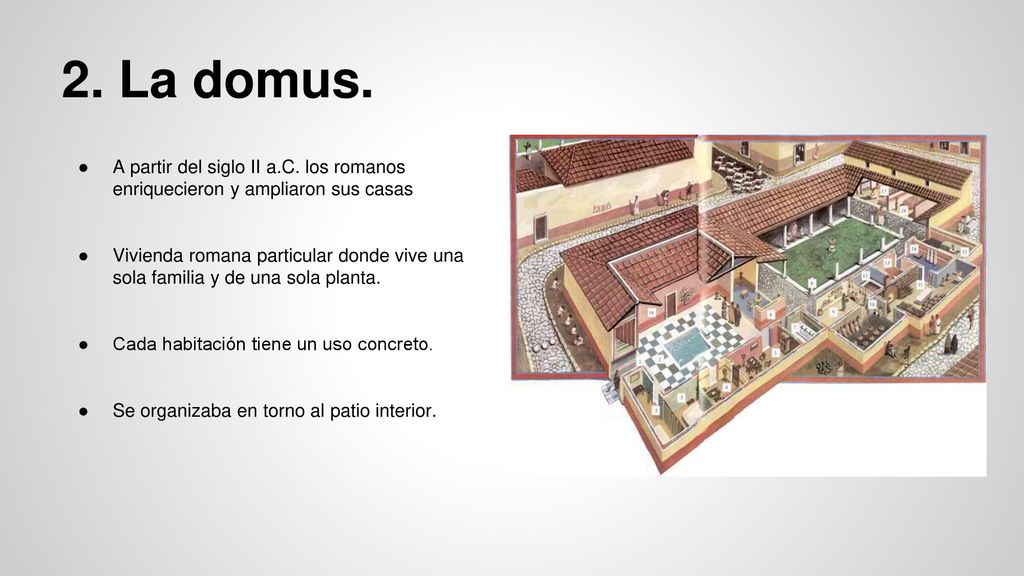 2. La domus. A partir del siglo II a.C. los romanos enriquecieron y ampliaron sus casas.