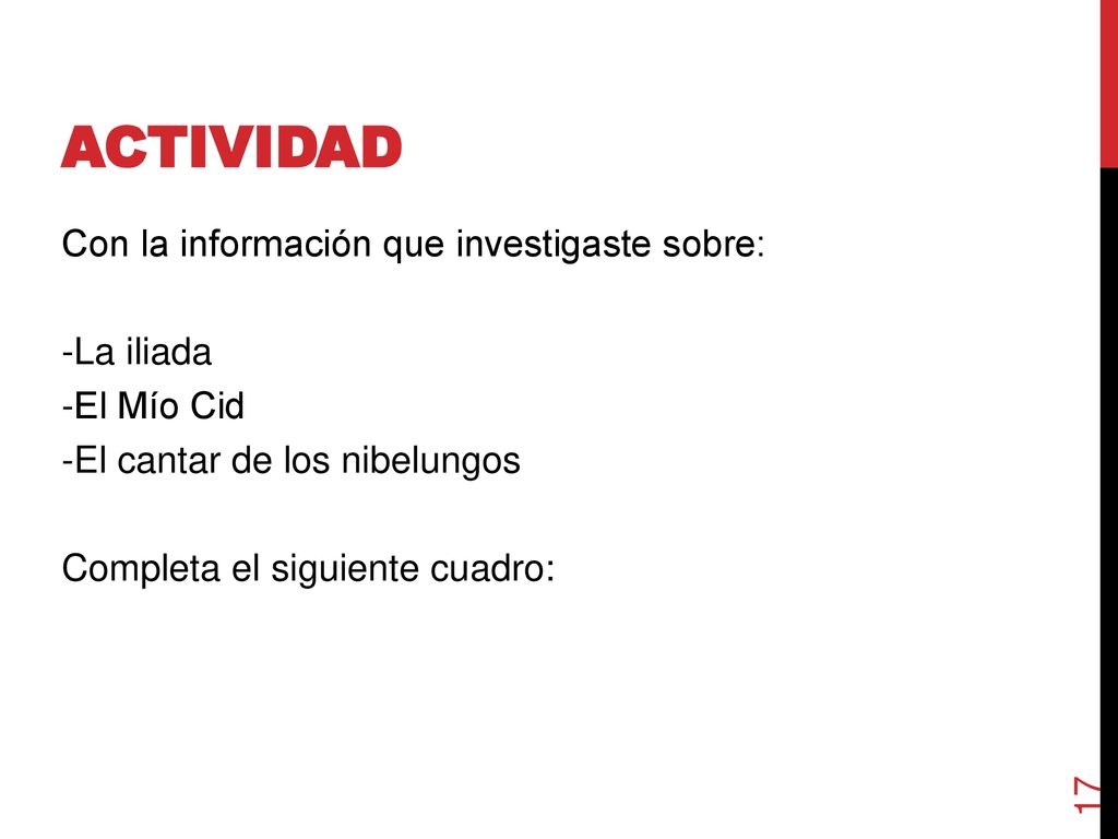 ACTIVIDAD Con la información que investigaste sobre: -La iliada