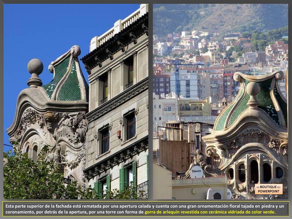 Esta parte superior de la fachada está rematada por una apertura calada y cuenta con una gran ornamentación floral tajada en piedra y un coronamiento, por detrás de la apertura, por una torre con forma de gorra de arlequín revestida con cerámica vidriada de color verde.