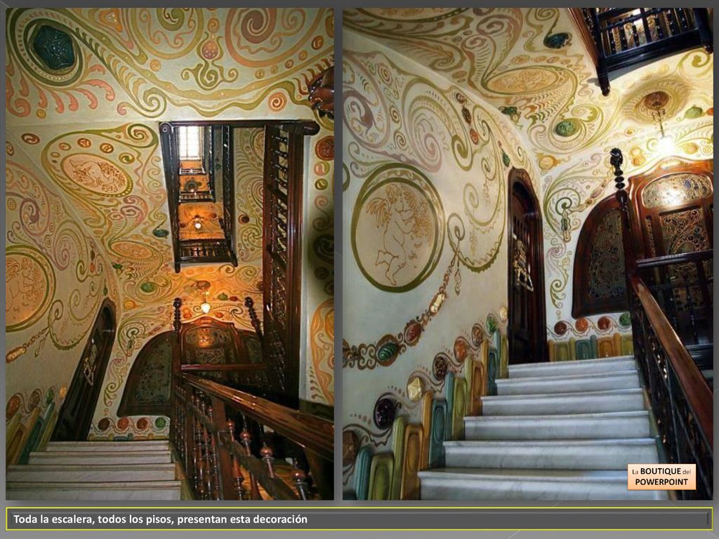 Toda la escalera, todos los pisos, presentan esta decoración