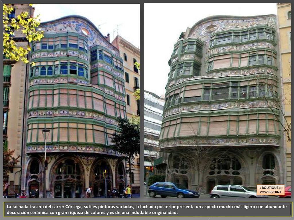 La fachada trasera del carrer Córsega, sutiles pinturas variadas, la fachada posterior presenta un aspecto mucho más ligero con abundante decoración cerámica con gran riqueza de colores y es de una indudable originalidad.