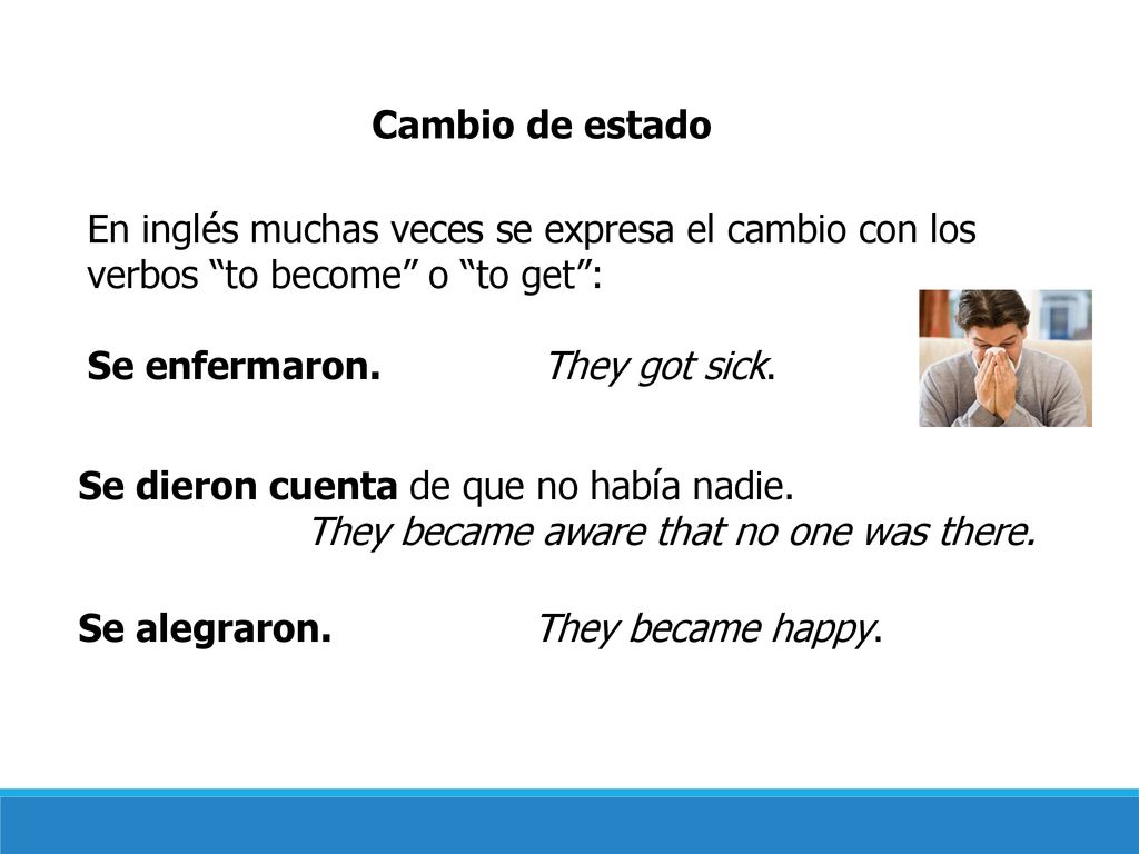 Cambio de estado En inglés muchas veces se expresa el cambio con los verbos to become o to get :