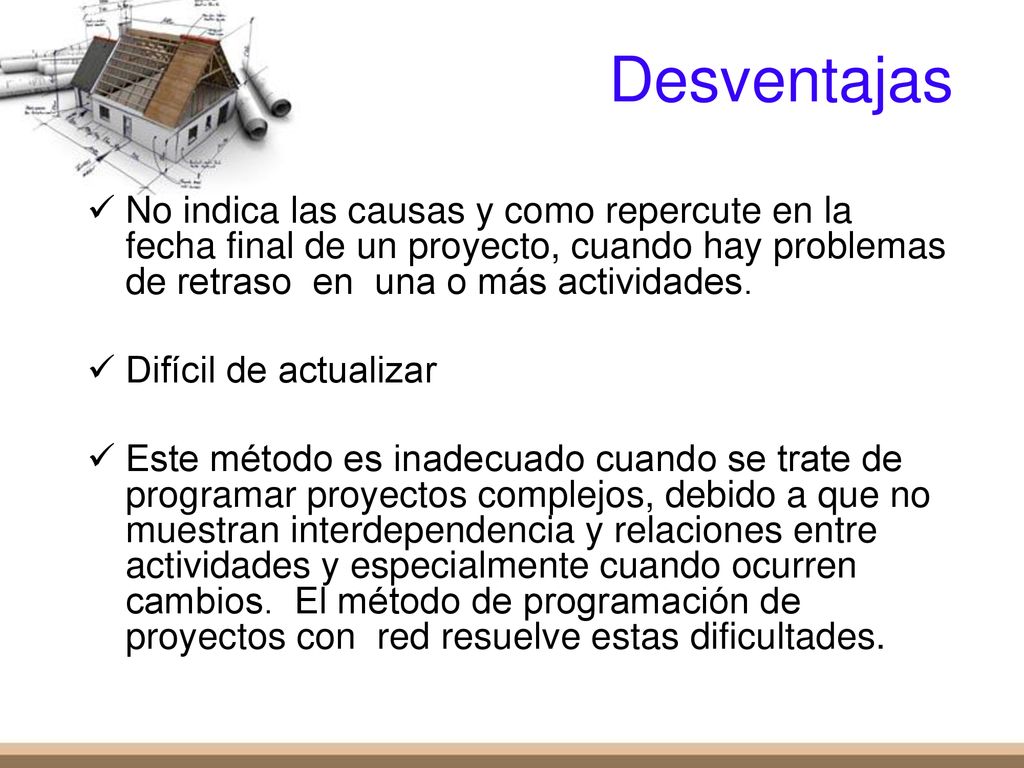 Desventajas No indica las causas y como repercute en la fecha final de un proyecto, cuando hay problemas de retraso en una o más actividades.