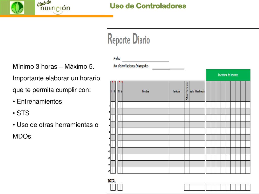 Uso de Controladores Mínimo 3 horas – Máximo 5.