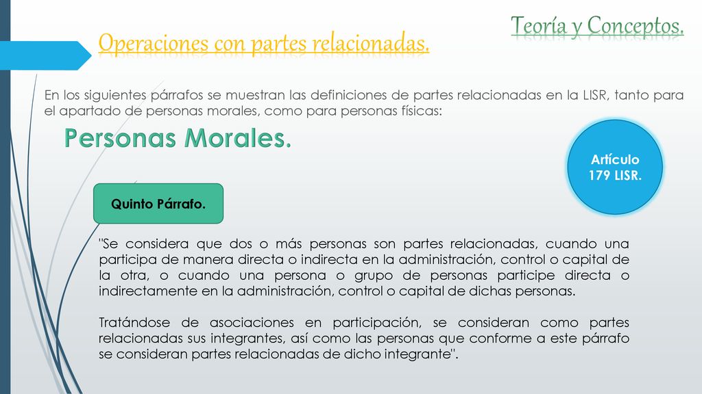 En los siguientes párrafos se muestran las definiciones de partes relacionadas en la LISR, tanto para el apartado de personas morales, como para personas físicas:
