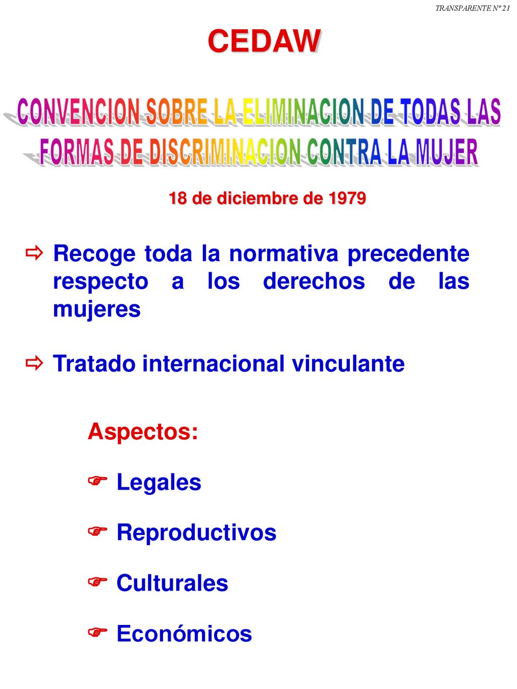 TRANSPARENTE Nº 21 CEDAW. CONVENCION SOBRE LA ELIMINACION DE TODAS LAS. FORMAS DE DISCRIMINACION CONTRA LA MUJER.