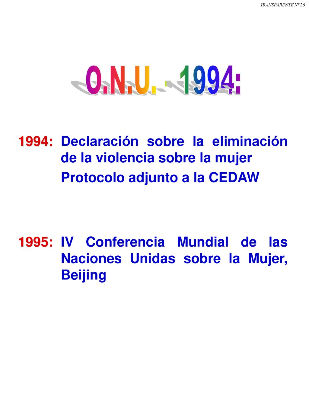 TRANSPARENTE Nº 26 O.N.U : 1994: Declaración sobre la eliminación de la violencia sobre la mujer.
