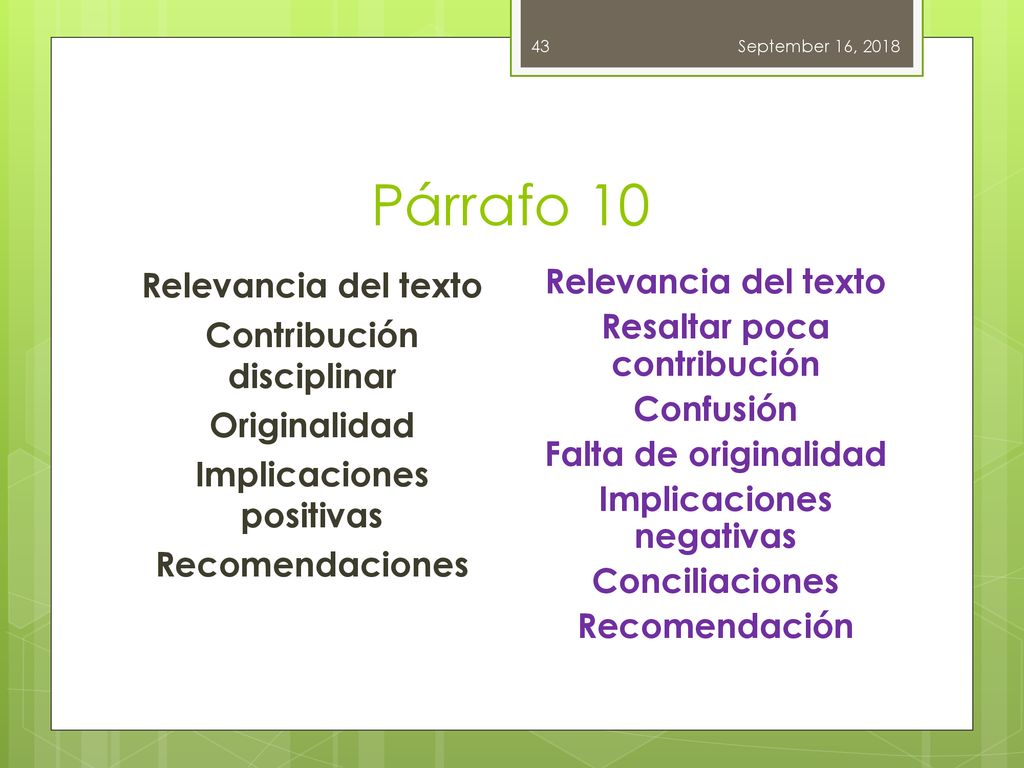 September 16, 2018 Párrafo 10. Relevancia del texto Contribución disciplinar Originalidad Implicaciones positivas Recomendaciones