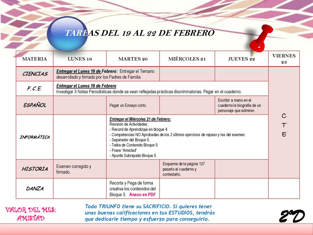 2ºD TAREAS DEL 19 AL 22 DE FEBRERO C T E VALOR DEL MES: AMISTAD