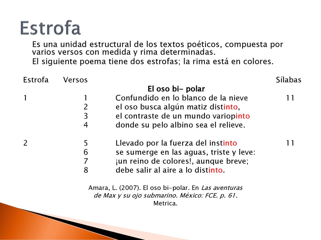 Estrofa Es una unidad estructural de los textos poéticos, compuesta por varios versos con medida y rima determinadas.