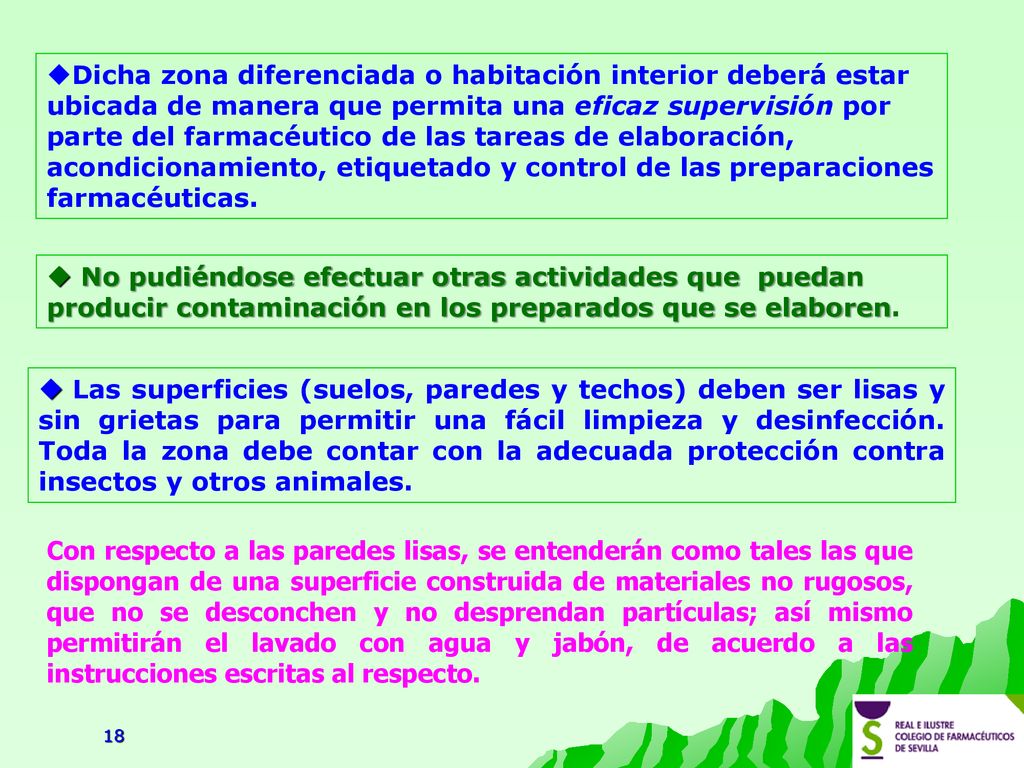 Dicha zona diferenciada o habitación interior deberá estar ubicada de manera que permita una eficaz supervisión por parte del farmacéutico de las tareas de elaboración, acondicionamiento, etiquetado y control de las preparaciones farmacéuticas.