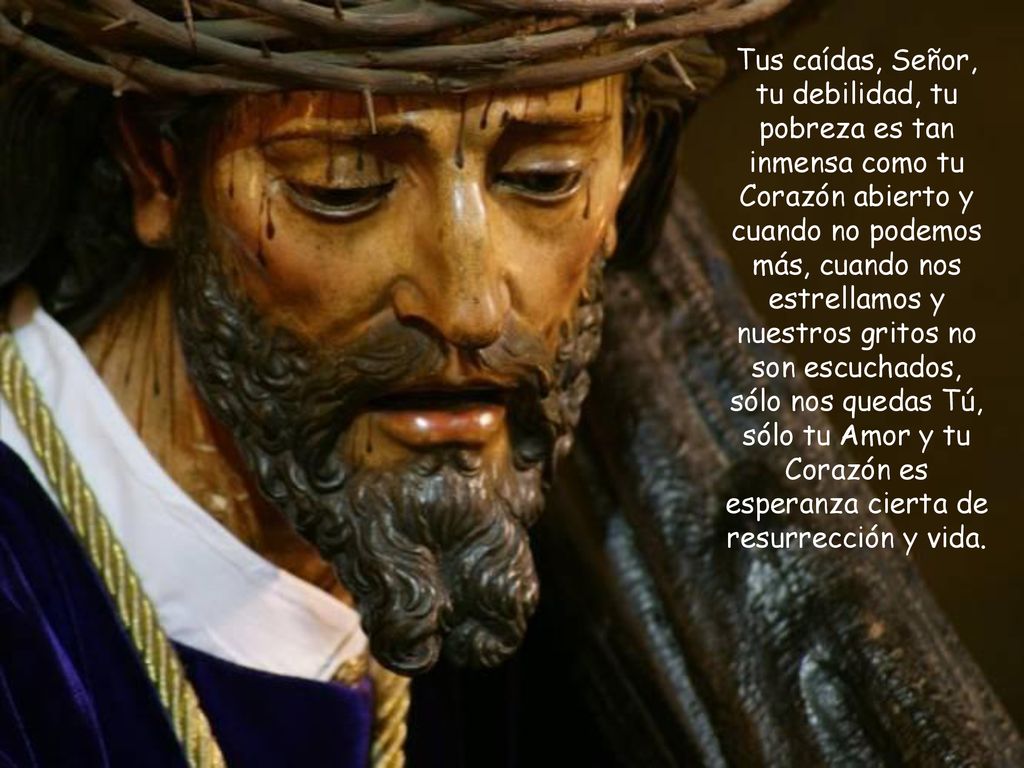 Tus caídas, Señor, tu debilidad, tu pobreza es tan inmensa como tu Corazón abierto y cuando no podemos más, cuando nos estrellamos y nuestros gritos no son escuchados, sólo nos quedas Tú, sólo tu Amor y tu Corazón es esperanza cierta de resurrección y vida.