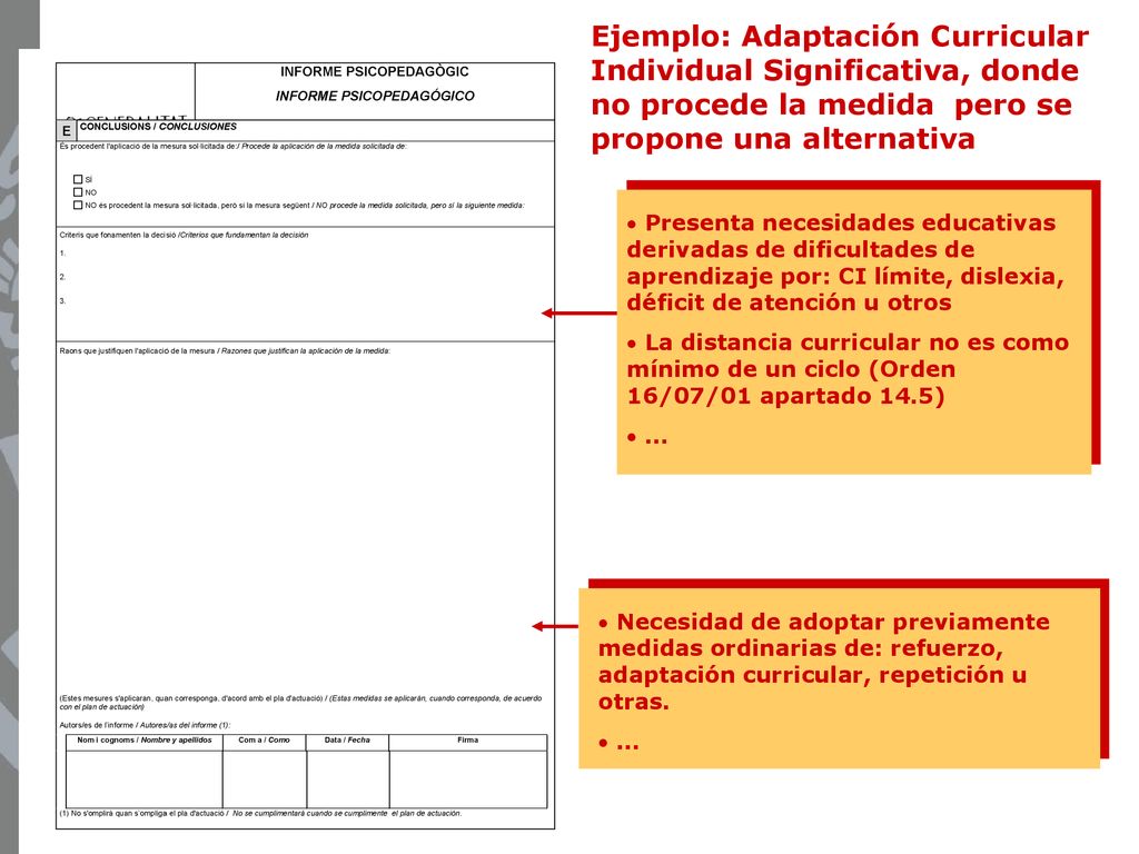 Ejemplo: Adaptación Curricular Individual Significativa, donde no procede la medida pero se propone una alternativa