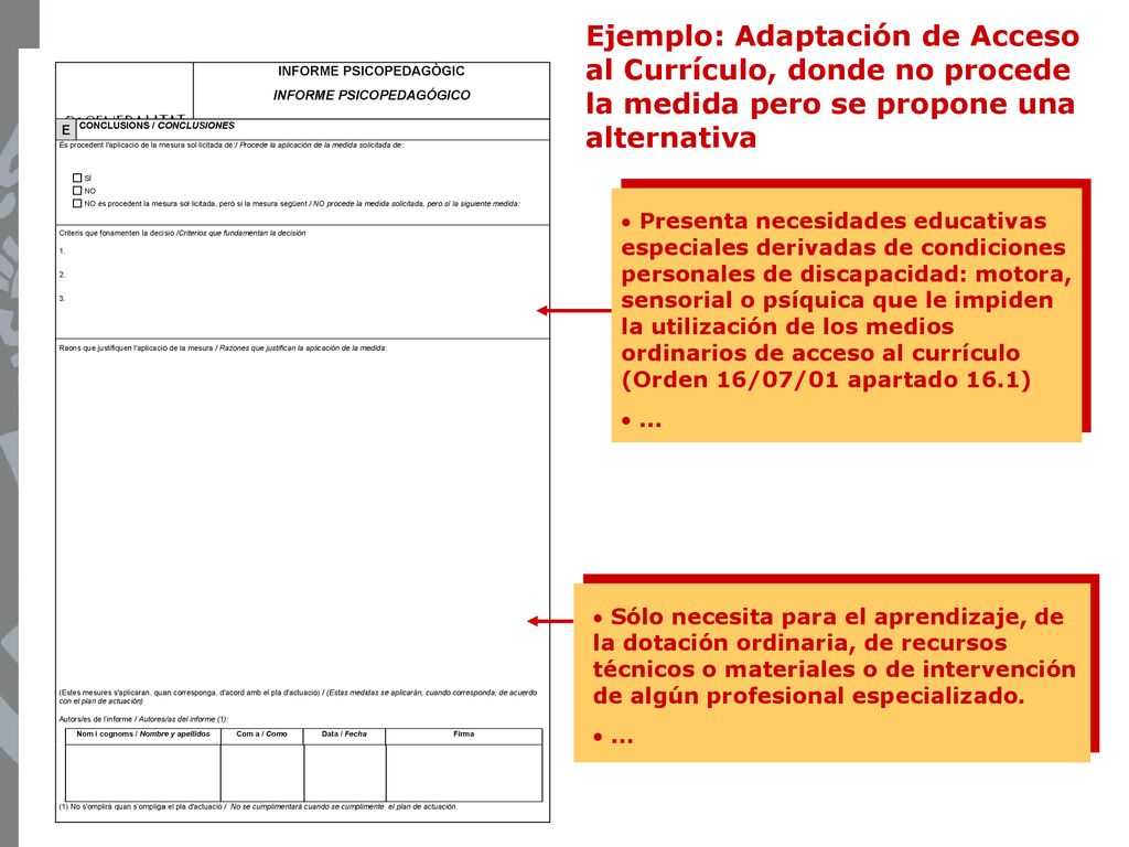 Ejemplo: Adaptación de Acceso al Currículo, donde no procede la medida pero se propone una alternativa