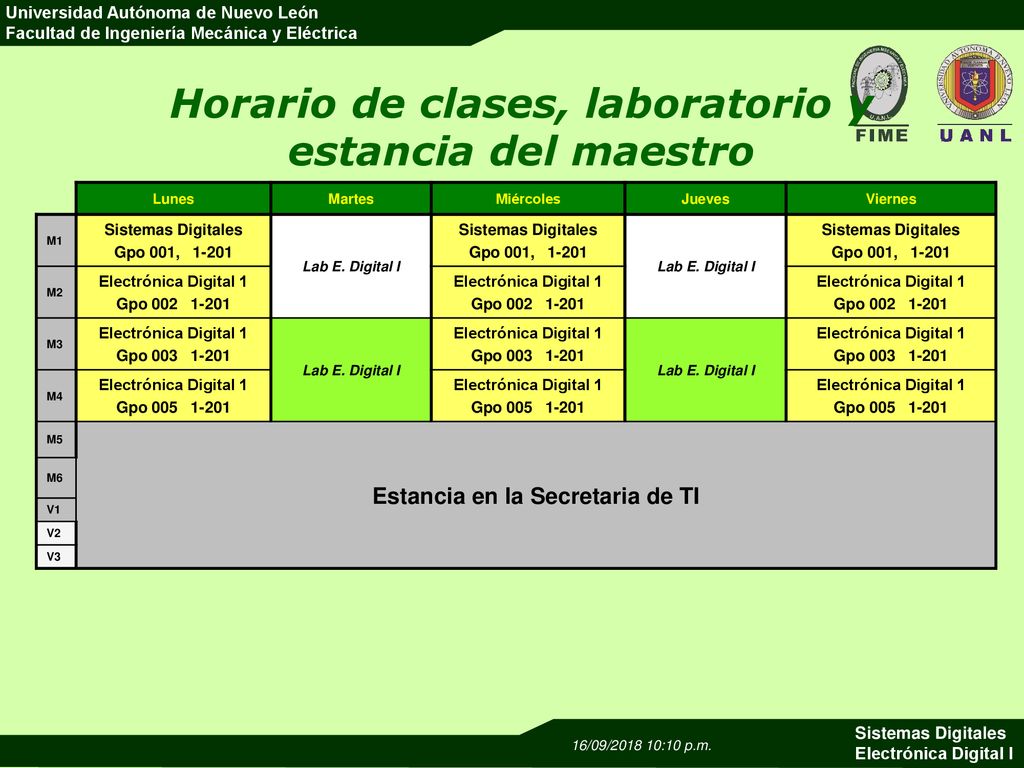 Horario de clases, laboratorio y estancia del maestro