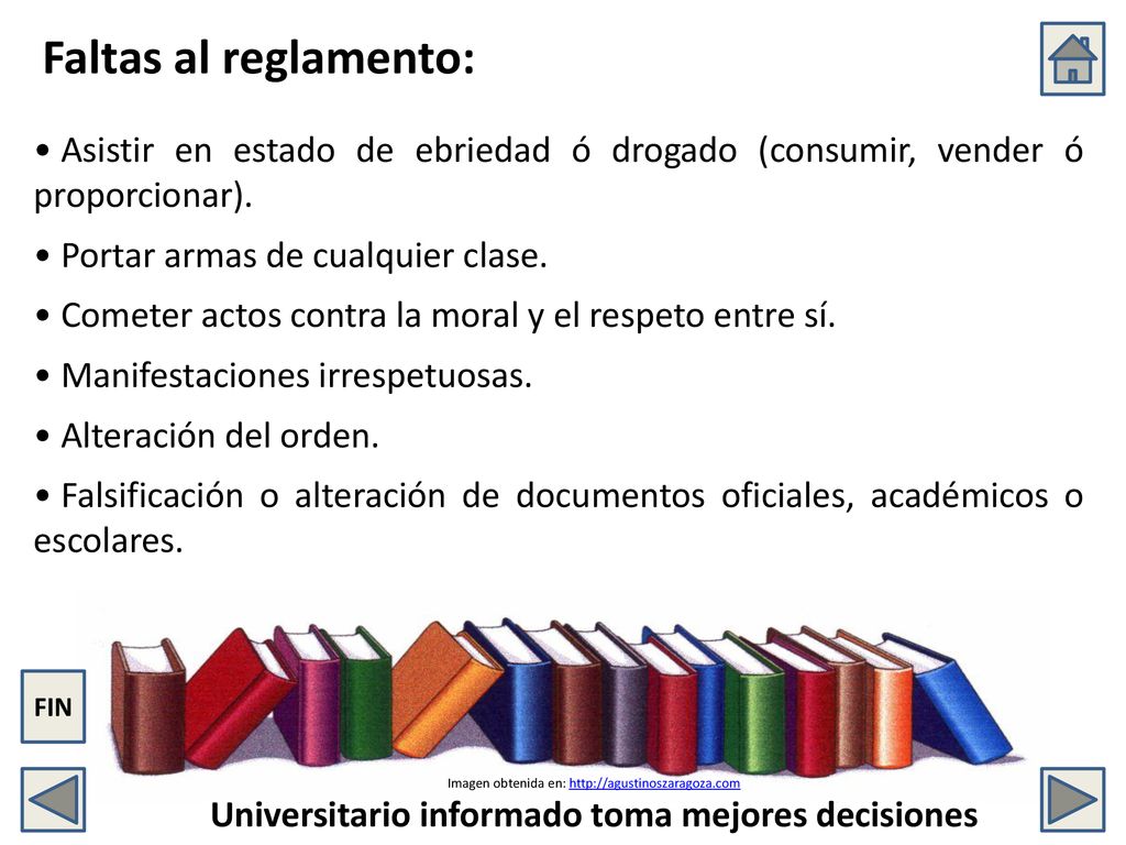 Faltas al reglamento: Asistir en estado de ebriedad ó drogado (consumir, vender ó proporcionar). Portar armas de cualquier clase.