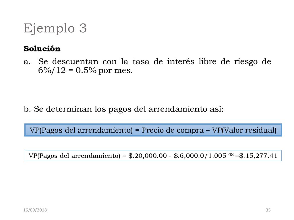VP(Pagos del arrendamiento) = Precio de compra – VP(Valor residual)