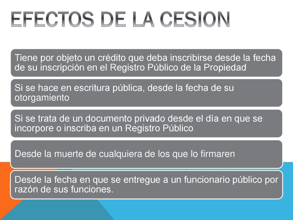 EFECTOS DE LA CESION Tiene por objeto un crédito que deba inscribirse desde la fecha de su inscripción en el Registro Público de la Propiedad.