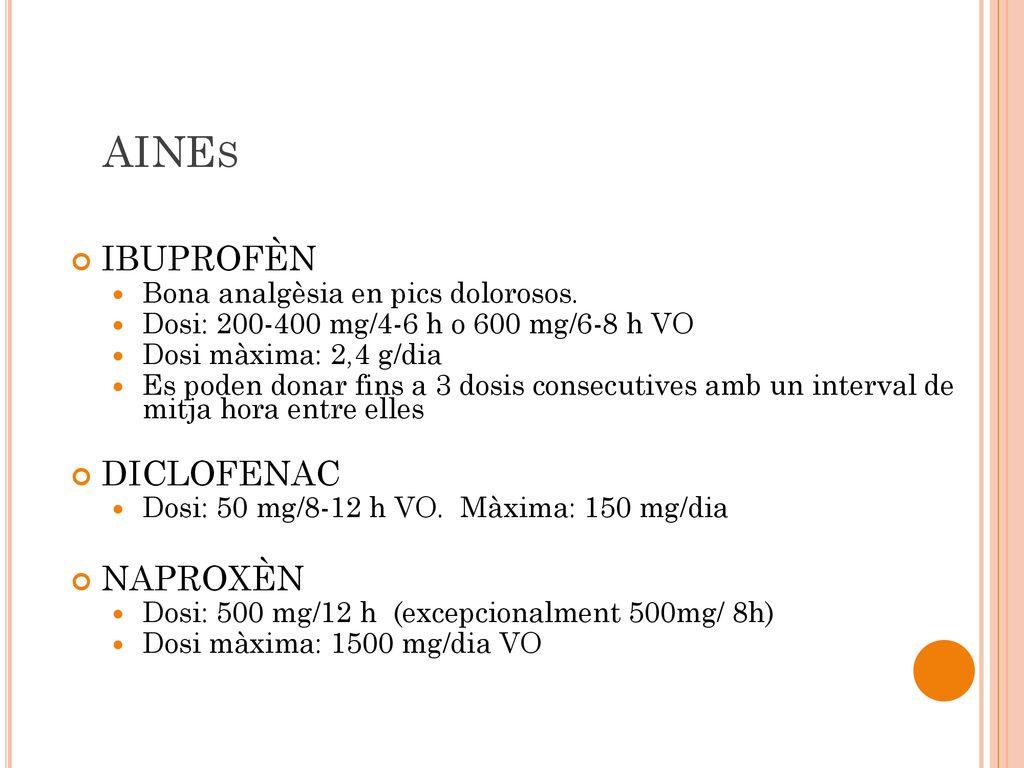 AINEs IBUPROFÈN DICLOFENAC NAPROXÈN Bona analgèsia en pics dolorosos.